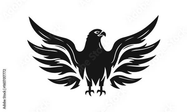 Fototapeta Eagle logo template. Black and white silhouette of an eagle with spread wings. Symmetrical and stylish logo, perfect for branding and emblems