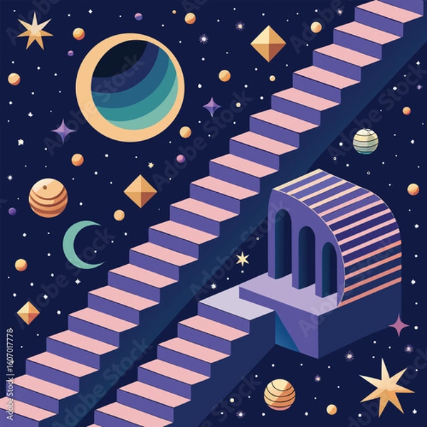 Obraz Cosmic pathway stairs in starry night with planets and celestial bodies vector art design for futuristic projects
