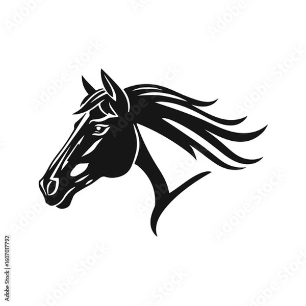 Fototapeta Horse logo template. Black and white silhouette of a horse head with a graceful mane. Elegant minimalist logo for branding, design and printing