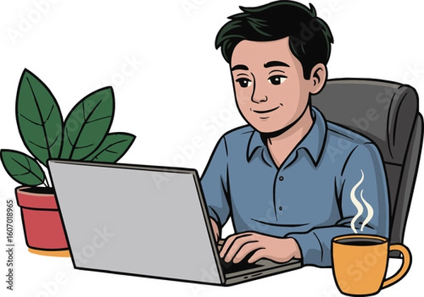 Fototapeta Young man smiling and working on his laptop in a casual office setting