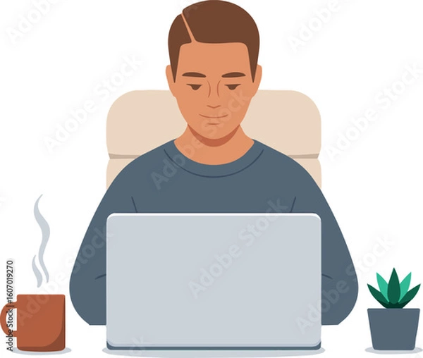 Fototapeta Young man smiling, casually working on a laptop in an office, symbolizing business success and technology