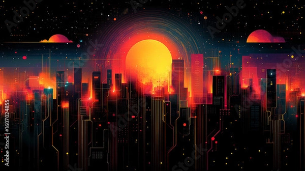 Obraz Cyberpunk city skyline at sunset with glowing digital lines