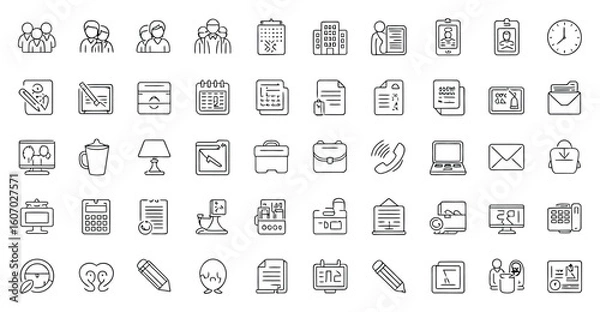 Fototapeta Vector art of a collection of handdrawn office and business icons isolated on white background, perfect for adding a personal touch to your designs