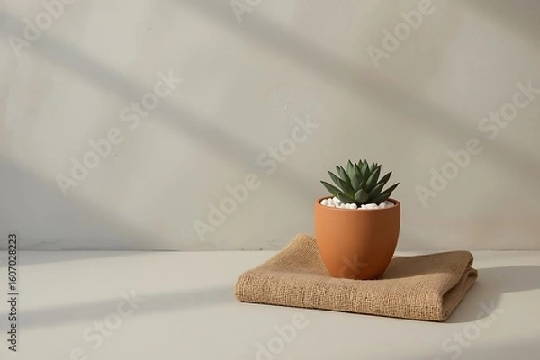 Fototapeta A small green succulent plant in a terracotta pot sits on a textured beige surface with dappled sunlight creating shadows on a neutral wall