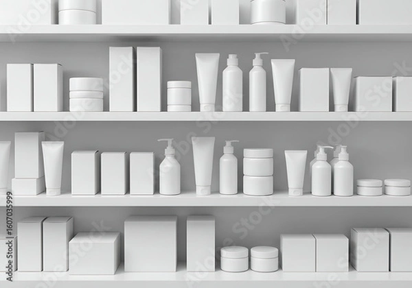 Fototapeta White shelves display a variety of blank, unlabeled cosmetic and skincare product containers, including tubes, bottles, jars, and boxes, arranged in a clean, minimalist setting.