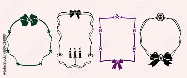 Fototapeta Set of hand drawn doodle Halloween frames. Coquette ribbon bow, candles, skull and bones borders, trendy designs. Spooky vector graphic decoration for greeting cards, party invitations.