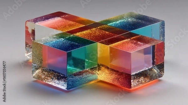 Fototapeta A geometric, cross-shaped crystal prism, reflecting rainbow light on a white background.