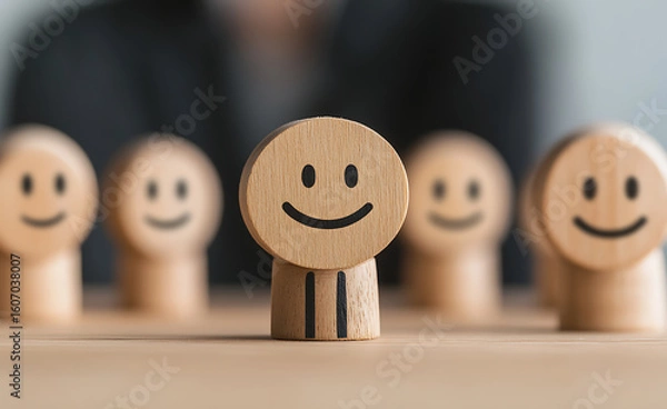 Fototapeta Wooden figures with happy faces create a positive and cheerful vibe, ideal for conveying satisfaction, teamwork, and emotional well-being in various contexts.