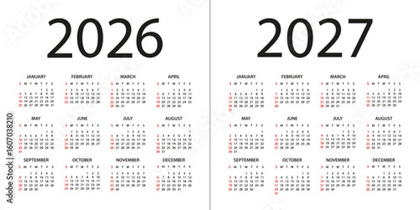 Fototapeta Calendar 2026, 2027 - illustration. Week starts on Sunday. Calendar Set for 2026, 2027 years