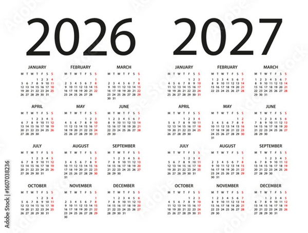Fototapeta Calendar 2026, 2027 - illustration. Week starts on Monday. Calendar Set for 2026, 2027 years