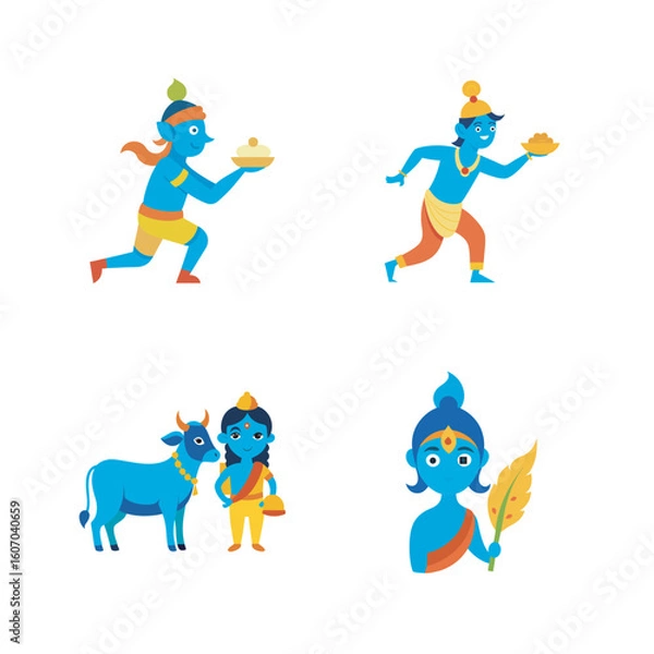 Fototapeta vector flat colour little Krishna set bindle on the white background.Janmashtami concept.
