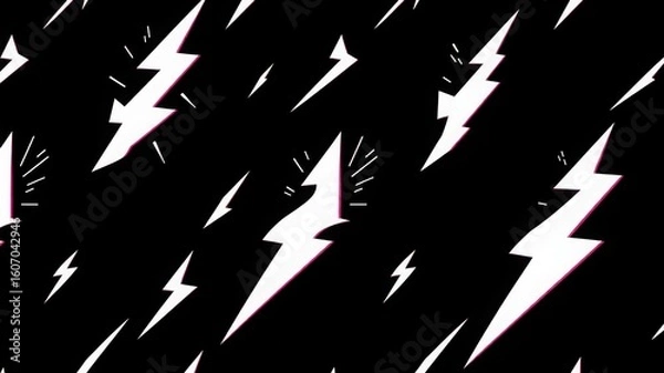 Fototapeta A seamless pattern of white lightning bolts with pink accents on a black background in a simple design