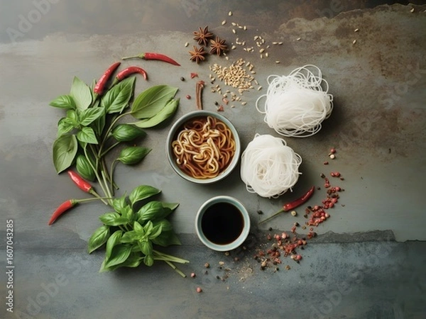 Fototapeta Varied food carbohydrates protein vegetables fruits dairy legumes on wood