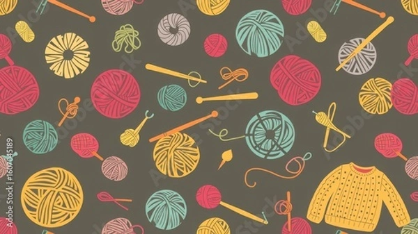 Fototapeta A repetitive pattern of yarn balls, knitting needles, and a sweater on a dark gray background