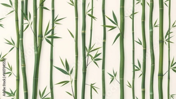 Fototapeta A serene arrangement of green bamboo stalks and leaves against a white background creating a pattern