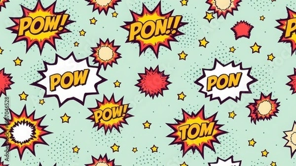 Fototapeta A comic book style background with speech bubbles and stars on a light blue dotted background