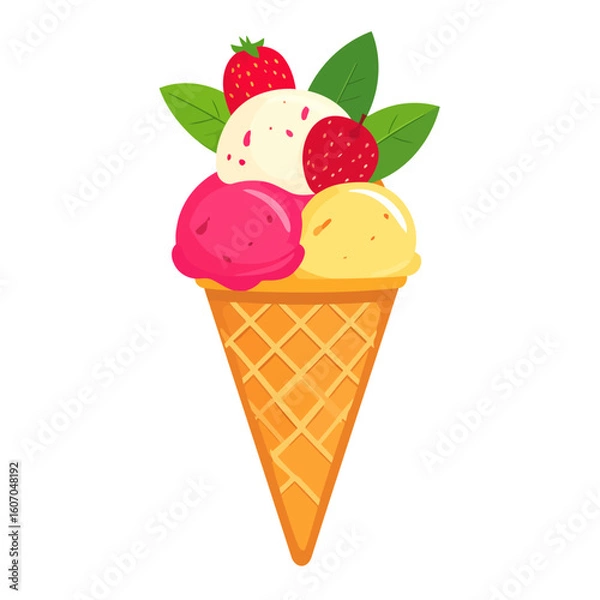 Fototapeta A colorful three-scoop ice cream in a waffle cone, garnished with fresh strawberries and green mint leaves.