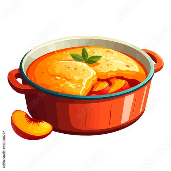 Fototapeta Warm peach cobbler with a golden crust and fresh mint, served in a vibrant red casserole dish.
