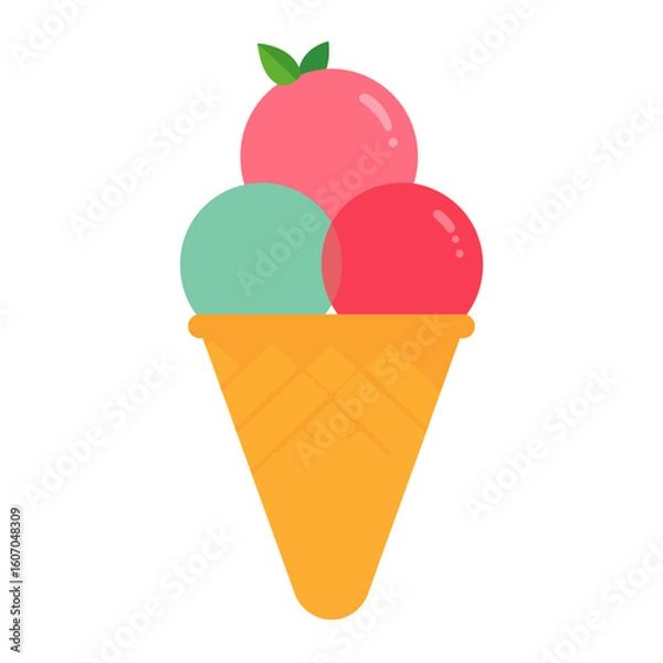 Fototapeta Colorful three-scoop ice cream in a waffle cone with a mint leaf garnish. Flat vector illustration.