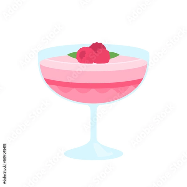Fototapeta Layered pink raspberry mousse dessert in a coupe glass, garnished with fresh berries and mint leaves.