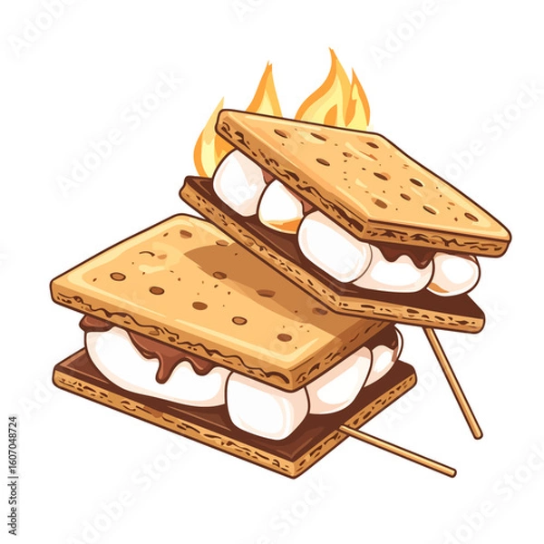 Fototapeta Stacked toasted s'mores on skewers with gooey melted chocolate and flaming marshmallows.