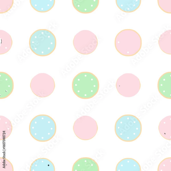 Fototapeta Assortment of round sugar cookies with pastel pink, blue, and green icing and white sprinkles.