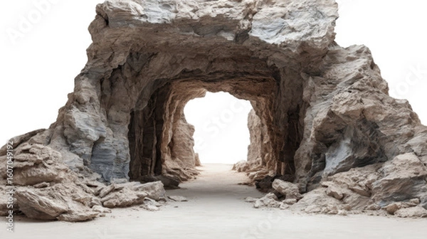 Obraz Bright light streaming through rocky cave entrance, revealing textured stone walls and shadowy passageway with transparent background, perfect for digital compositing