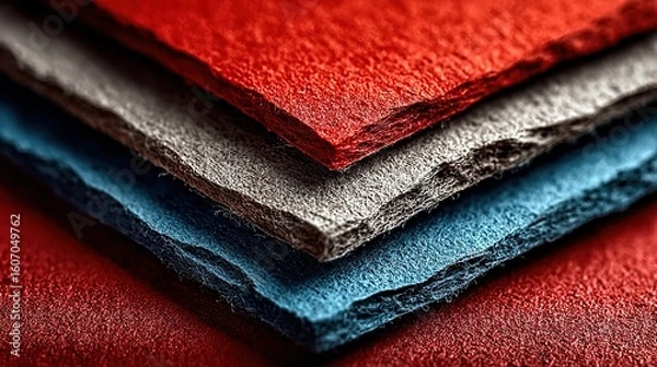 Fototapeta Red, blue, and white paper sheets arranged at an angle on a red background