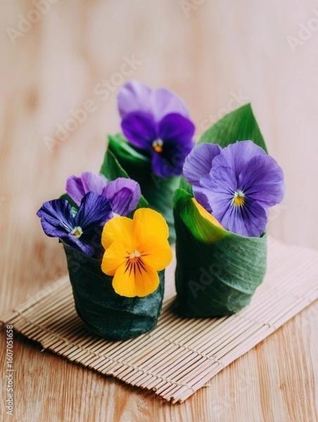 Obraz Edible pansy flowers wrapped in banana leaves on rustic table
