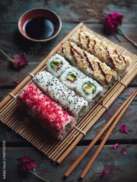 Obraz Assorted sushi rolls on bamboo mat with soy sauce