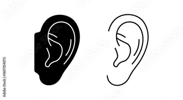 Fototapeta Two simple ear icons; one solid black, one outlined.