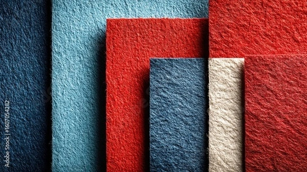 Fototapeta Red, blue, and white paper sheets arranged at an angle on a red background