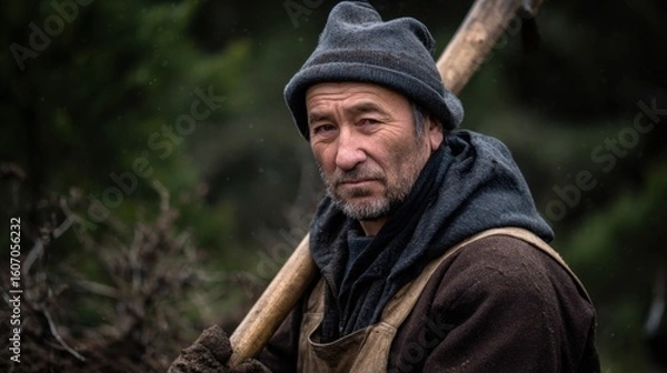Fototapeta Portrait of an elderly man, dressed as a traditional Slavic peasant with a gray woolen hat and a modern but worn hooded sweatshirt, holding a wooden farming tool on his shoulder, outside in the forest