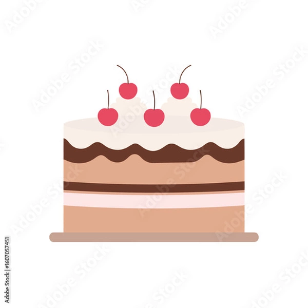 Fototapeta A delicious layered chocolate cake with whipped cream frosting and five red cherries on top.