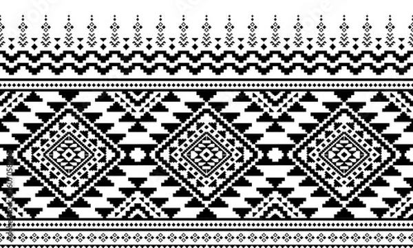 Obraz Aztec tribal geometric Pixel Art pattern ethnic Mexican style Traditional folk art design Black and White for textile, fabric, carpet, background, fashion