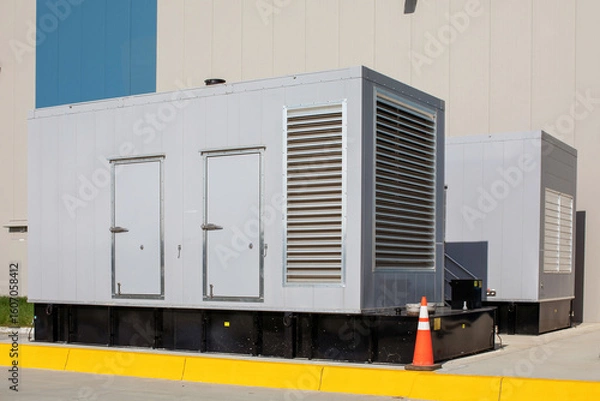 Fototapeta Standby diesel generators outside warehouse
