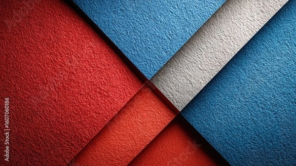 Fototapeta Red, blue, and white paper sheets arranged at an angle on a red background