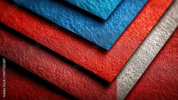 Fototapeta Red, blue, and white paper sheets arranged at an angle on a red background