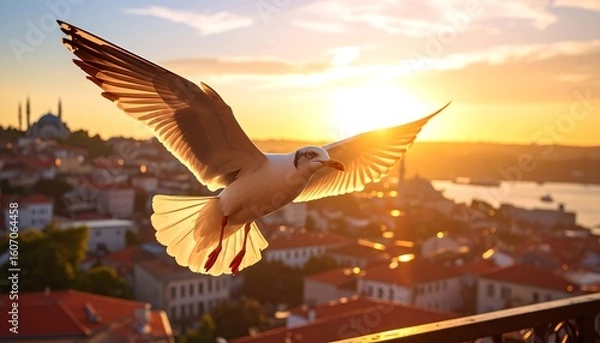 Obraz Seagull flying over city at sunset