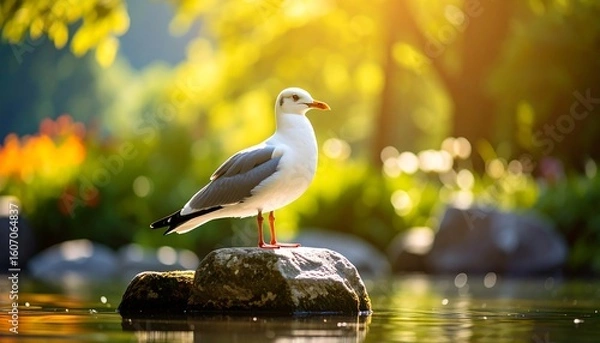 Obraz Seagull on stone, tranquil park scene