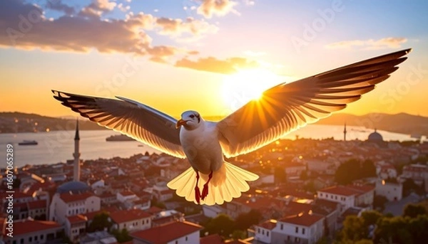 Obraz Seagull soars over city sunset