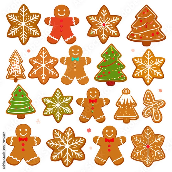 Fototapeta Set of festive gingerbread cookies: smiling men, decorated trees, and snowflake stars with colorful icing.