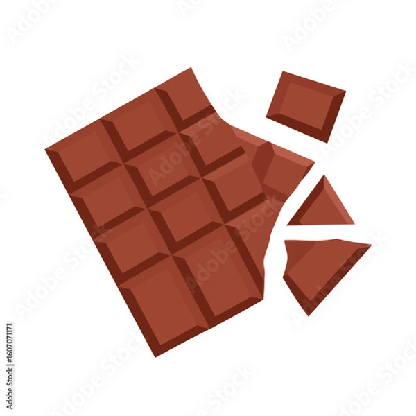 Fototapeta Broken milk chocolate bar with square segments and shattered pieces. Flat vector illustration.