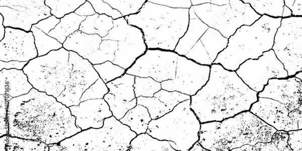 Fototapeta Cracked, parched earth texture in black and white with bold fissures and dry, fragmented patterns—ideal for desert, drought, or climate crisis visuals in design, illustration, or concept art.