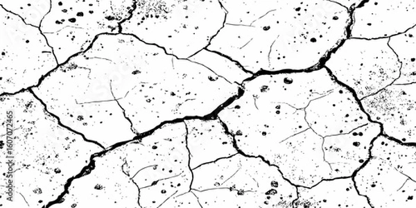 Fototapeta Cracked, parched earth texture in black and white with bold fissures and dry, fragmented patterns—ideal for desert, drought, or climate crisis visuals in design, illustration, or concept art.