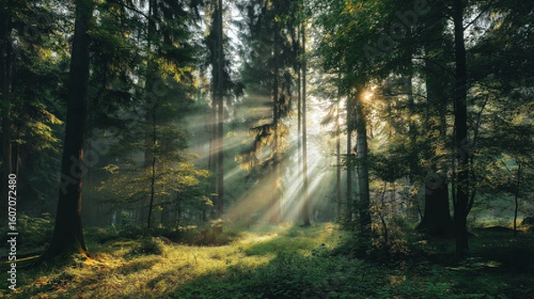 Fototapeta Sunlight Filtering Through Dense Forest Trees