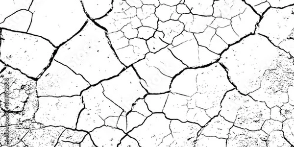 Fototapeta Cracked, parched earth texture in black and white with bold fissures and dry, fragmented patterns—ideal for desert, drought, or climate crisis visuals in design, illustration, or concept art.