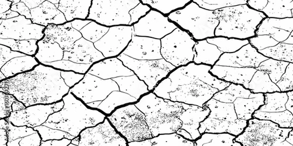 Fototapeta High-contrast black and white cracked earth texture with scattered dark spots and deep fissures, evoking themes of drought, dryness, and climate impact. Ideal for backgrounds or environmental design.