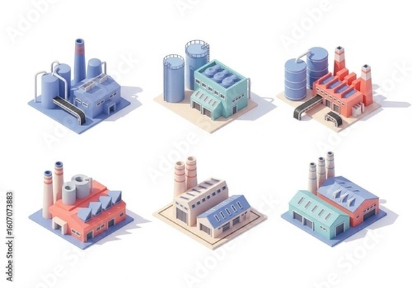 Obraz Bright 3D factory illustrations in primary colors showing industrial facilities with consistent lighting from upper left