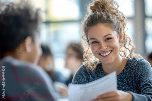 Fototapeta A warm, encouraging female teacher with a bright smile engages with her students in a sunlit classroom. She holds papers, ready to guide and support their learning journey